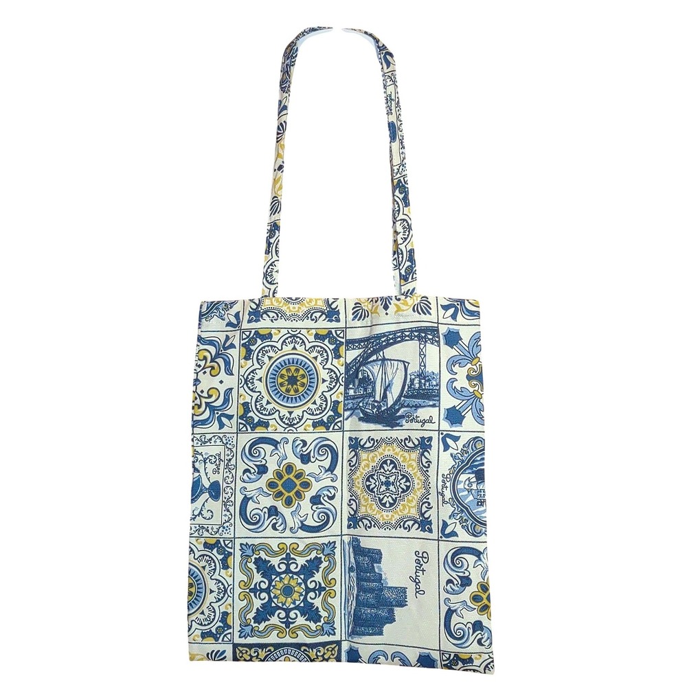Portuguese Cotton Tote Bag Azulejo Tile Print OS Blue Yellow Excellent Condition